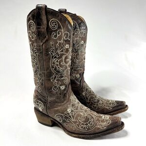 Corral Youth Girls Embroidered Snip Toe Genuine Leather Cowboy Western Boots